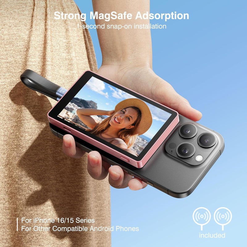 TTQ Vlog Selfie Monitor Screen, Magnetic Phone Vlog Selfie Monitor Screen 4K 60fps Bluetooth Remote, Back Camera Monitor for Vlog Live Stream TikTok, Compatible with iPhone & Android - Pink - Image 3